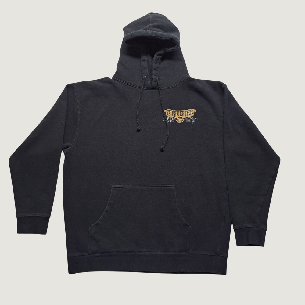 Vintage Tribal Streetwear Hoodie Mens Large Black Gold Foil Raven Crown Clique